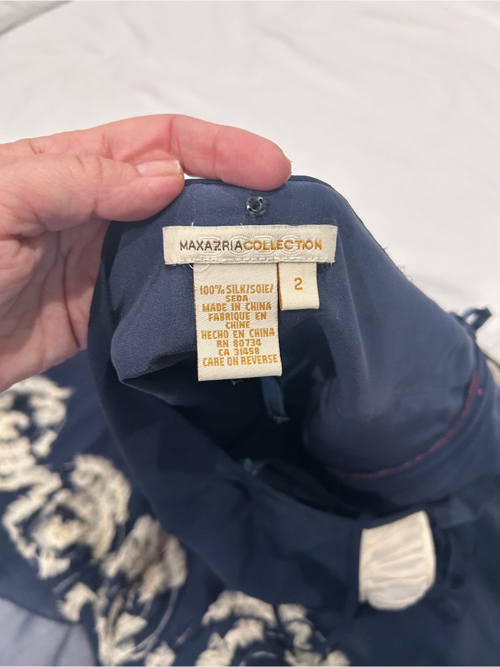 BCBGMaxAzria Navy and Cream Embroidered Silk Wedding Dress